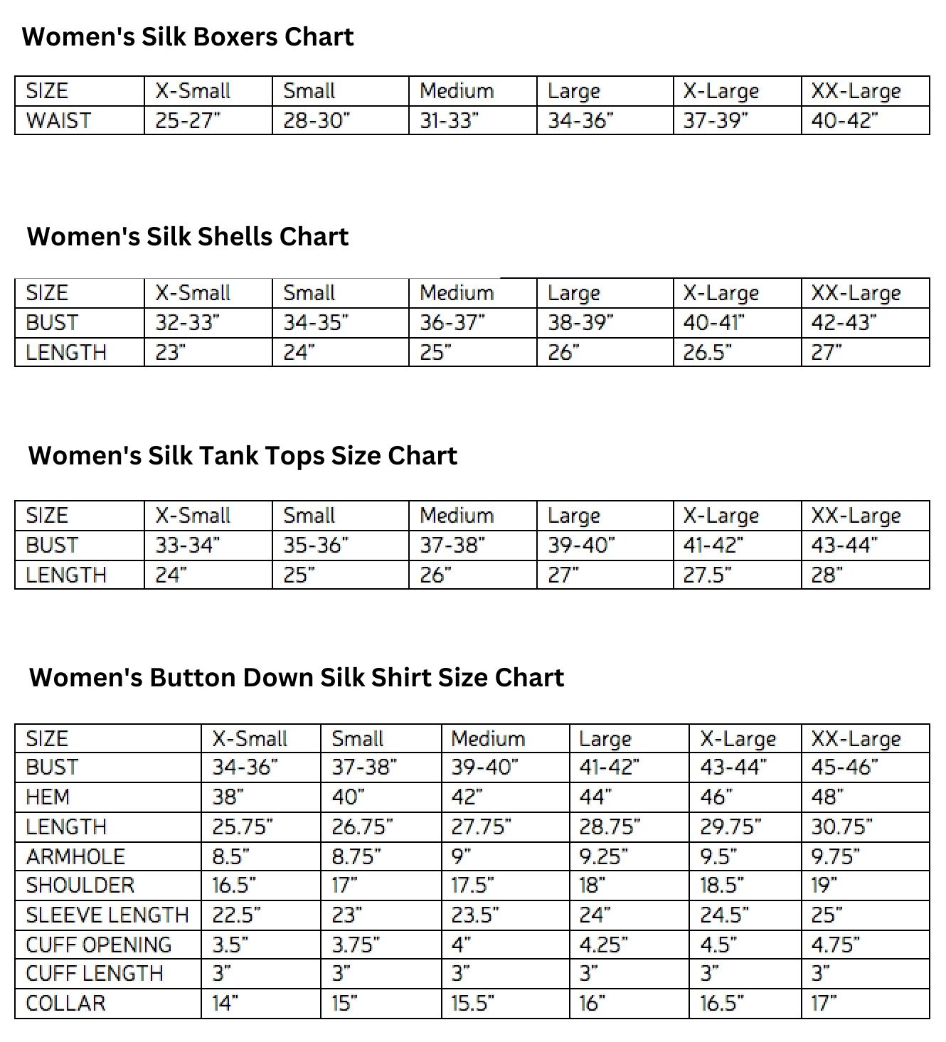 Men's and Women's size charts for Royal Silk® clothing.
